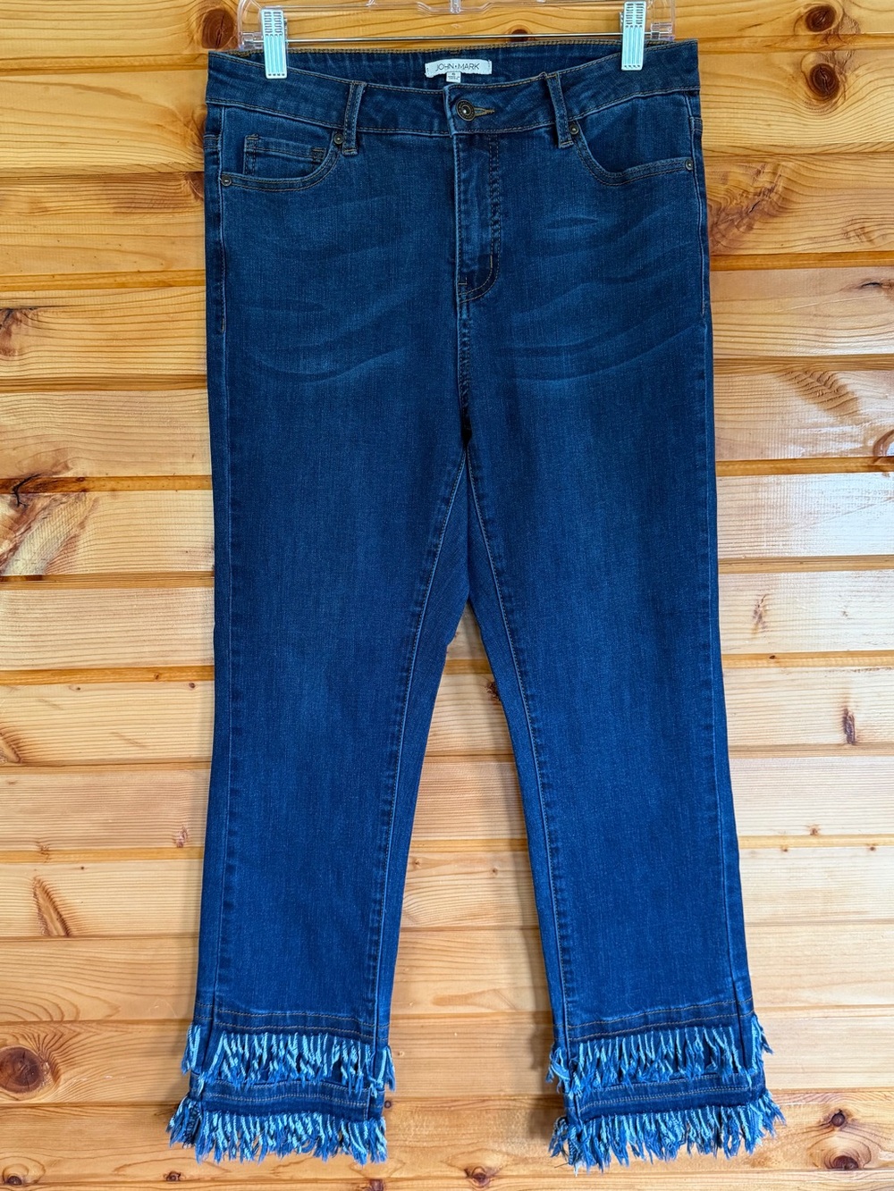 John Mark Straight Leg 5 Pocket Dark Blue Fringe Hem Crop Jeans Size 6